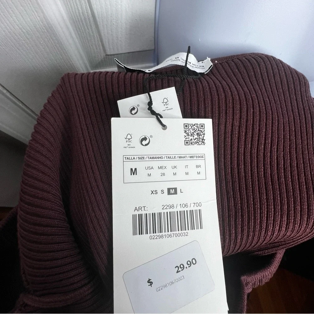 NWT Zara Women’s Medium Brown Rib Knit Off Shoulder Crop Top Sweater M